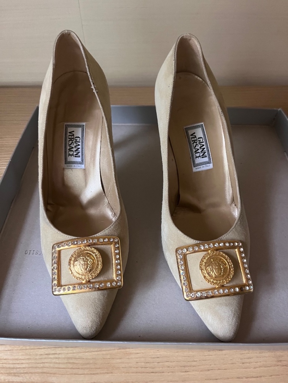 Versace Pointed Toe Suede La Medusa Embellished Size 38 1/2